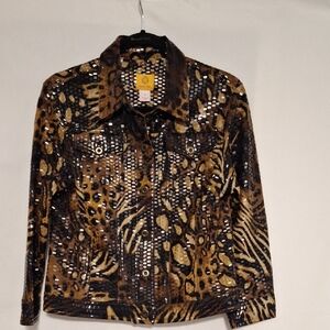 Ruby Rd. Brown Sequin Animal Print Jean Jacket